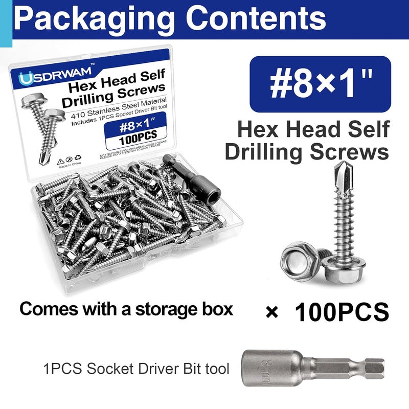 Usdrwam 100Pcs #8×1" Self Tapping Screws for Metal, 410 Stainless Steel Hex Washer Head Sheet Metal Screw - Image 3